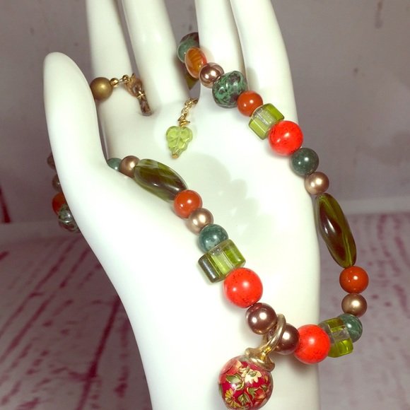 Handmade earth tone ORIGINAL OOAK glass bead adjustable green red Necklace retro - Picture 5 of 16